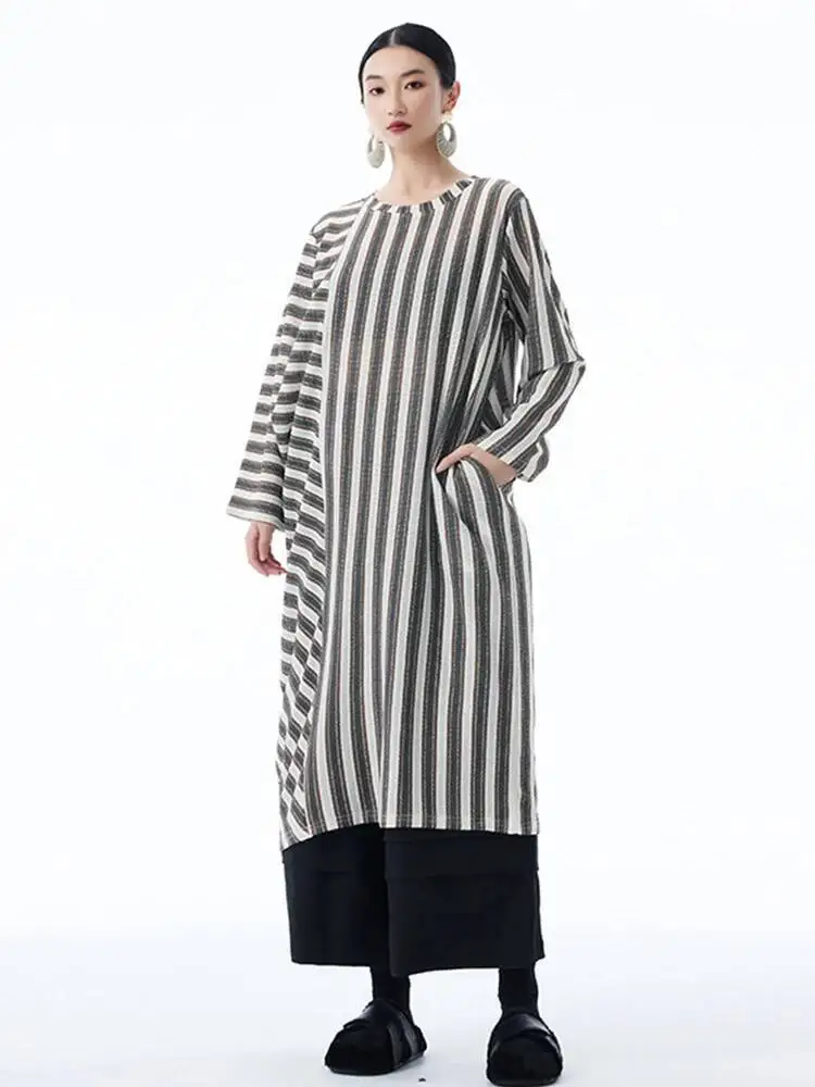 

Женское повседневное платье в кофейную полоску с карманами большого размера, новое модное платье с круглым вырезом и длинными рукавами, весна-осень