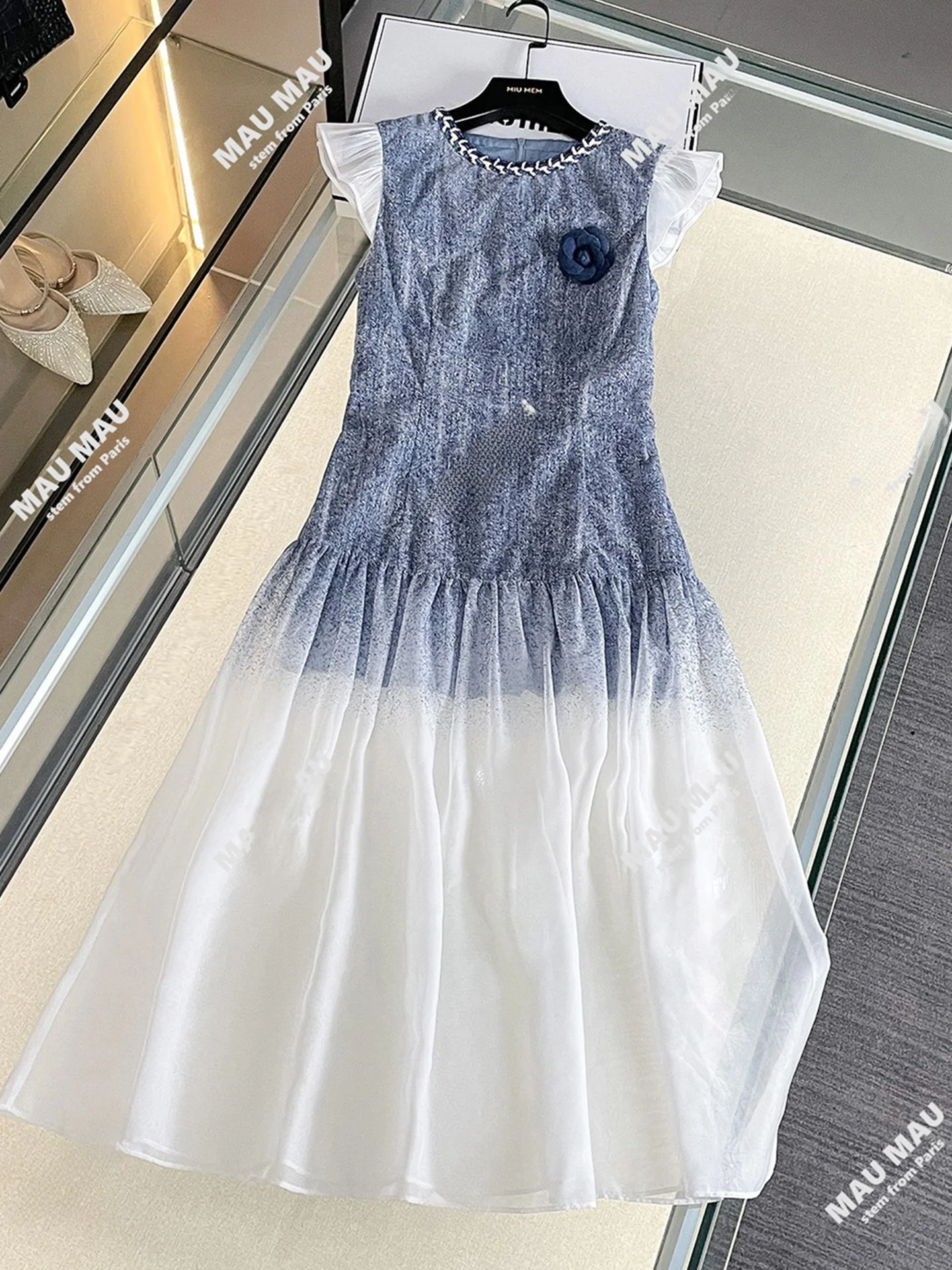 하이웨이스트 A라인 드레스 로즈 플로럴 데님 메쉬 스커트 반팔 라운드넥 출퇴근 스타일 중간 두께 그라데이션 컬러 지퍼 백