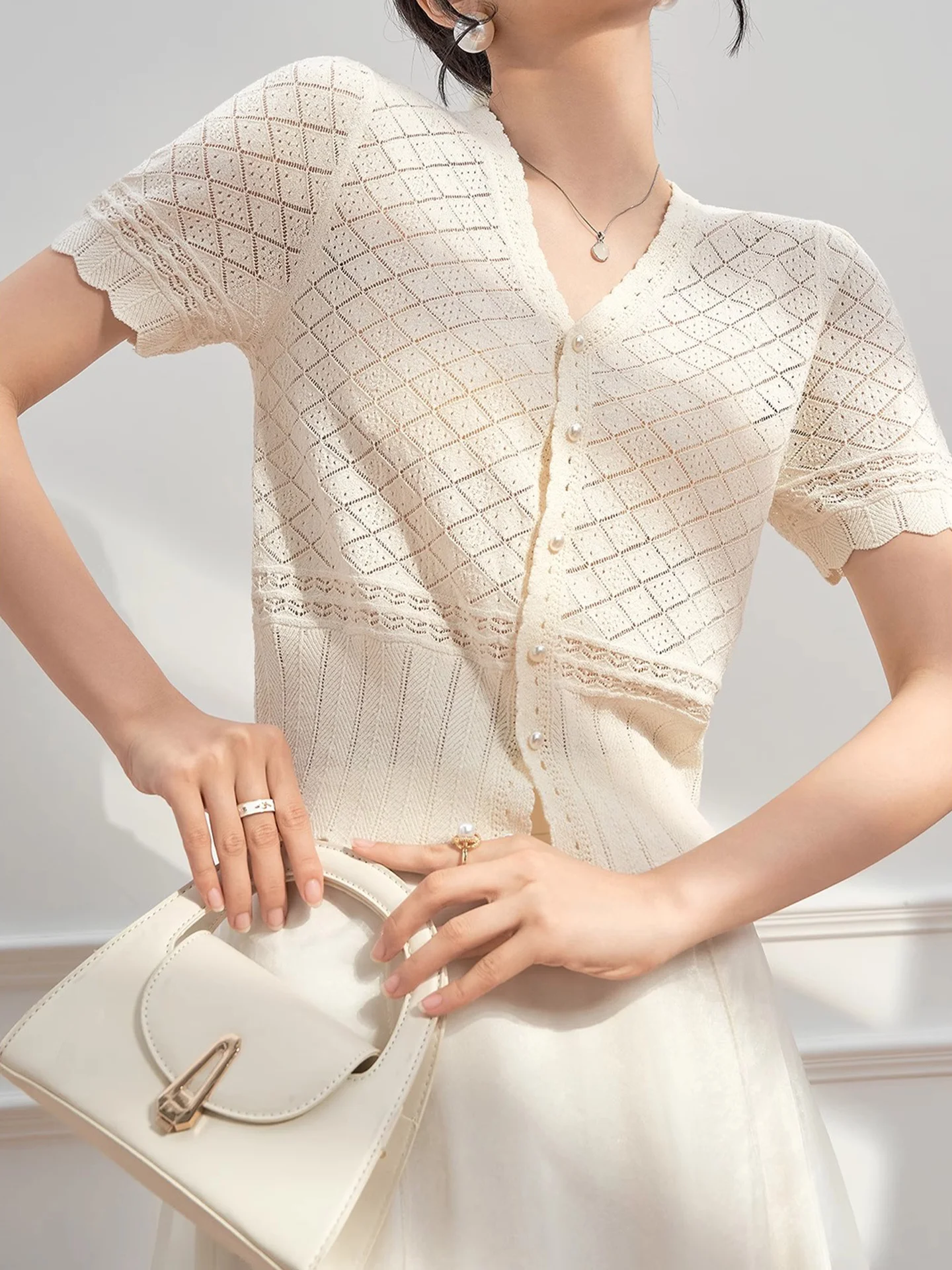 تخفيف محبوك الحرير الجليد فضفاض ort Sve V-Ne زر واحد تي شيرت الكورية Sle مستقيم قطع الصيف تريكو غير رسمي