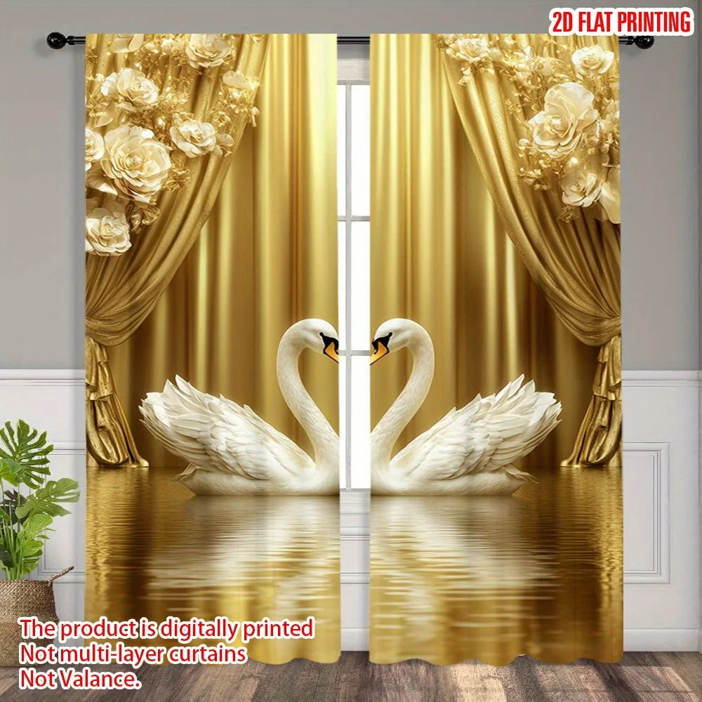 2pcs Elegant Gold Swan Print Curtains,for Study,Modern Bedroom, Stylish Living Room, Chic Kitchen, Spacious Balcony & Home Decor