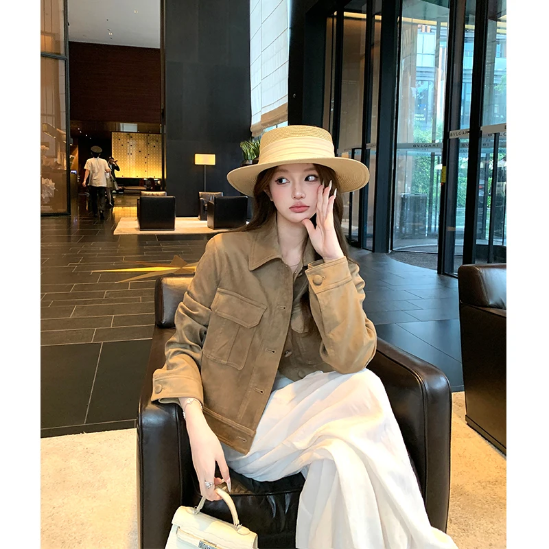 

Retro Suede Jaet Women's ort i Color Workwear Jaet Versatile Top Autumn Winter New Sle Ladies Faion Daily Wear