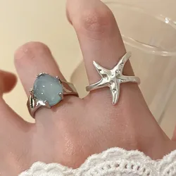 925 Sterling Silver Rings for Women Couple Minimalist Handmade Simple Blue Stone Star Ring Party Jewelry Gift Prevent Allergy