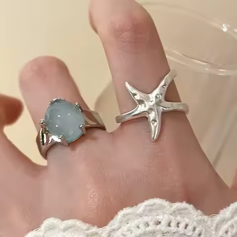 925 Sterling Silver Rings for Women Couple Minimalist Handmade Simple Blue Stone Star Ring Party Jewelry Gift Prevent Allergy