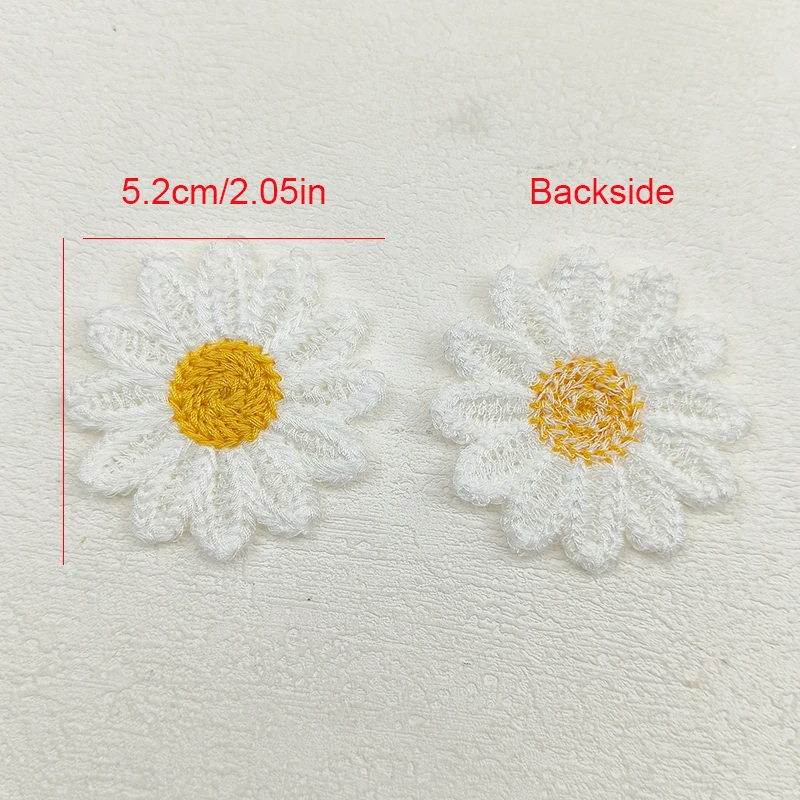 20 Stück 5,2 cm Chrysanthemen-Stickerei-Blumenapplikationen für DIY-Stirnbänder, Haarspangen, Stoffnäharbeiten und Dekorationsaufnäher – Detail 1