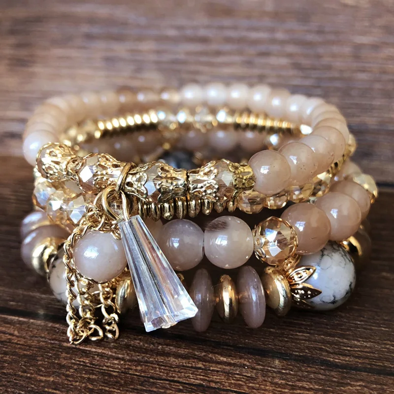 Bohemian Multicolor Crystal Beads Bracelets for Women Girls Boho Ethnic Tassel  Elastic Rope Handmde Wrap Bracelet Pulseira Femi
