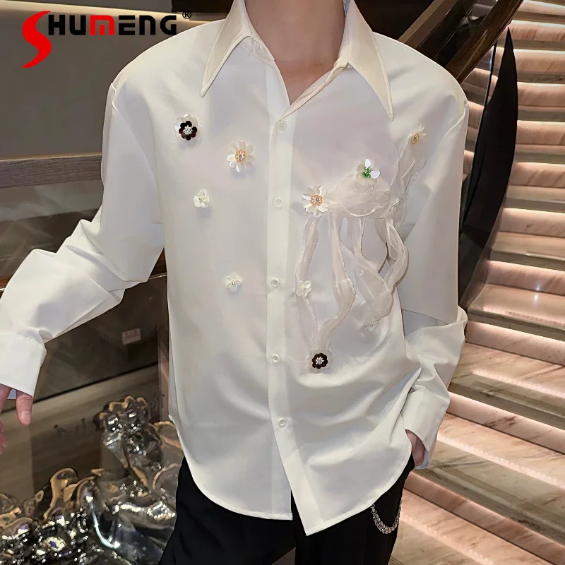 

2026 Men's Summer New Chic Three-dimensional Flower Shirts Men's Mesh Gauze Ribbon Design Tops Loose Handsome Long-sleeve Shirts