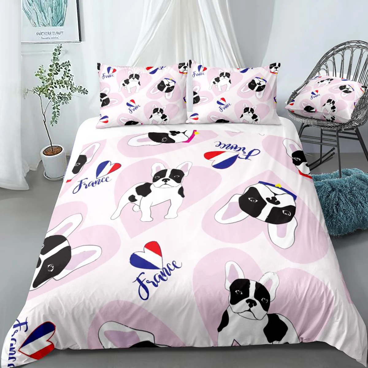 

Dog Duvet Cover Set French Bulldog Bedding Pink White Black Quilt Cover White Black Pet Comoforter Cover Cartoon Animal Bedding