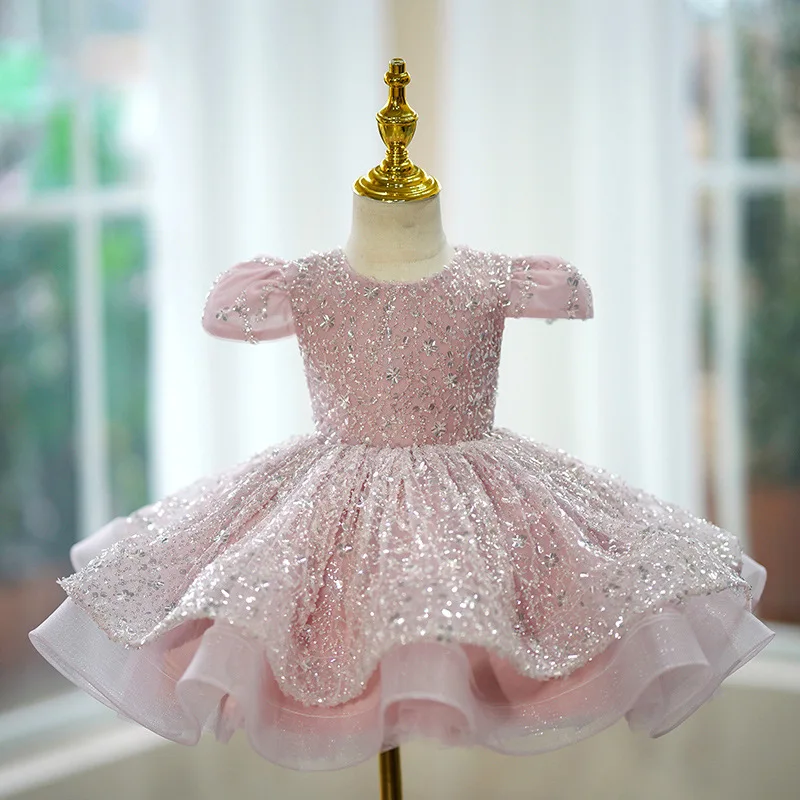 2024 Fashion Baby Girl Princess Sequin Tulle Dress Puff Sleeve Child Tutu Vestido Pageant Party Birthday Baby Clothes