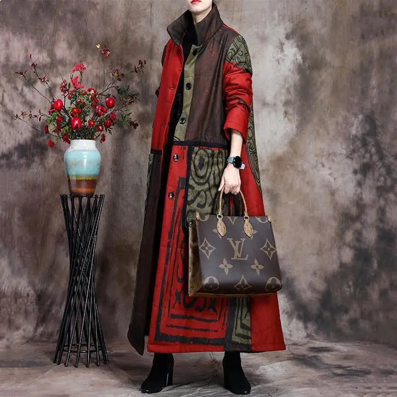 Vefadisa 2024 Winter New Green Vintage Printed Women Parkas Coat Standing Collar Long Sleeve Warm Long Parkas Coat ZXY1517A