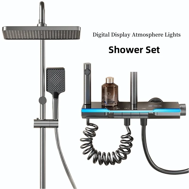 Set doccia con luce d'atmosfera con display digitale in alluminio spaziale, doccia da bagno con turbocompresso a 4 velocità