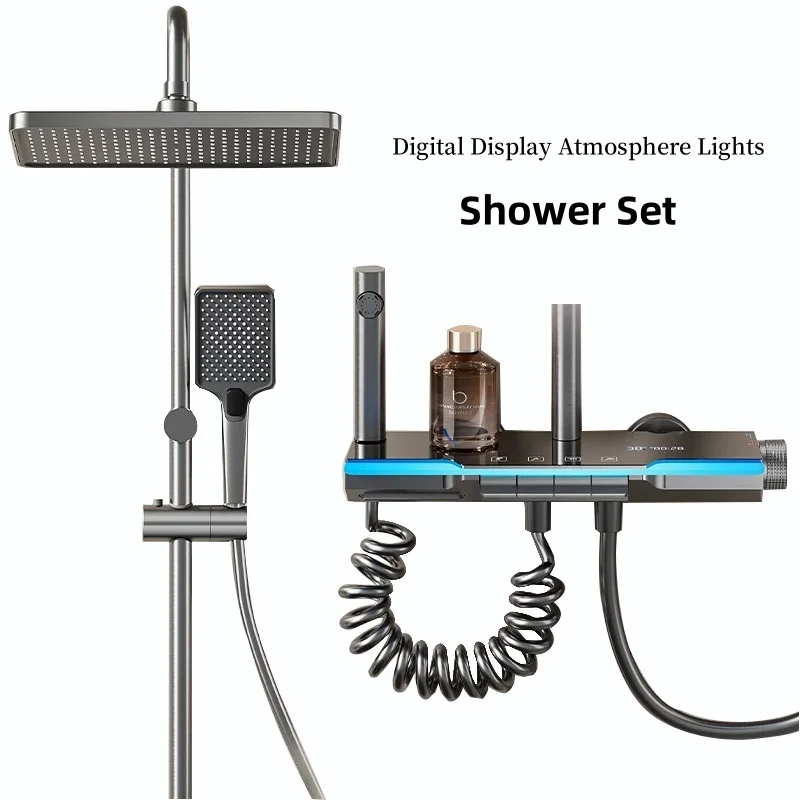 Conjunto de chuveiro de exibição digital de alumínio, chuveiro turbo carregado no banheiro, luz de 4 velocidades, atmosfera, espaço