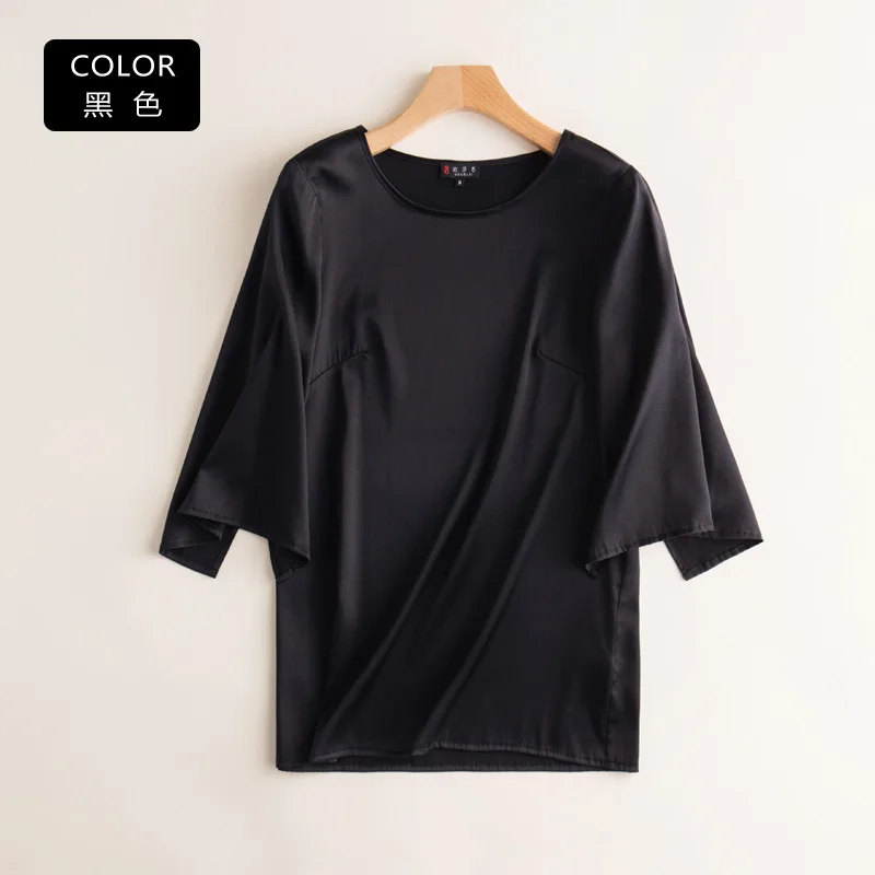 Birdsky, 1PC Women short sleeve blouse T shirt Tee Top office lady 19MM 95% mulberry silk 5% spandex solid BLACK WHITE. S-353