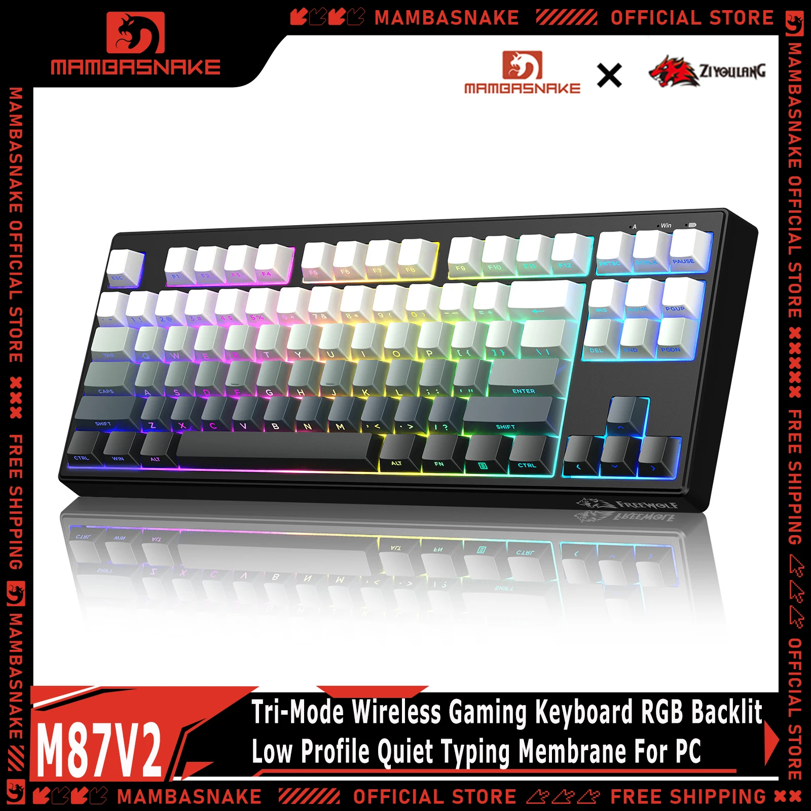 MAMBASNAKE X ZIYOULANG M87V2 87 Keys Tri-Mode Wireless Gaming Keyboard RGB Backlit Low Profile Quiet Typing Membrane for PC MAC