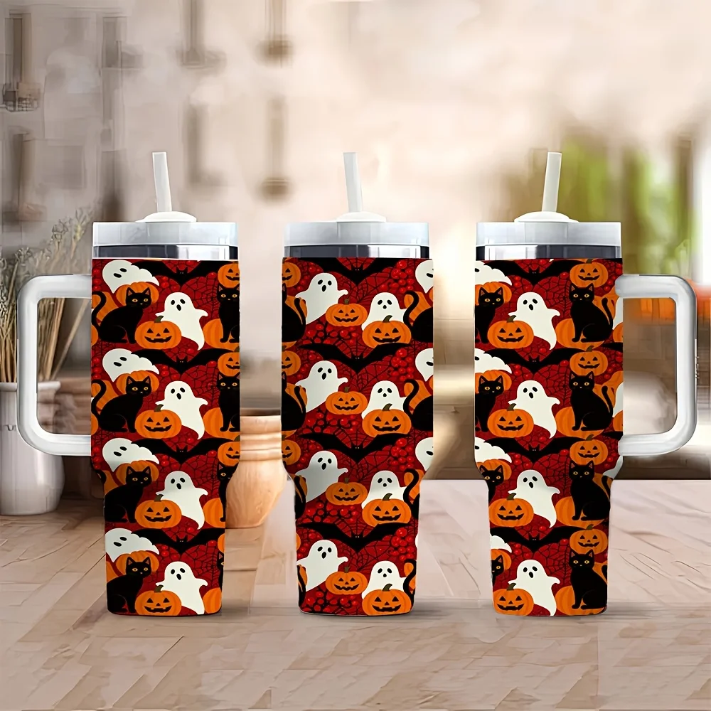 Halloween And Christmas 40Oz Insulated Tumbler with Handle And Straw, Travel Water Mug for Daily Commute Office Camping, Spooky Ghost Black Cat Jack O' Lantern All Over Print, Perfect for Home Outdoor Party Hot Cold Drinks Use