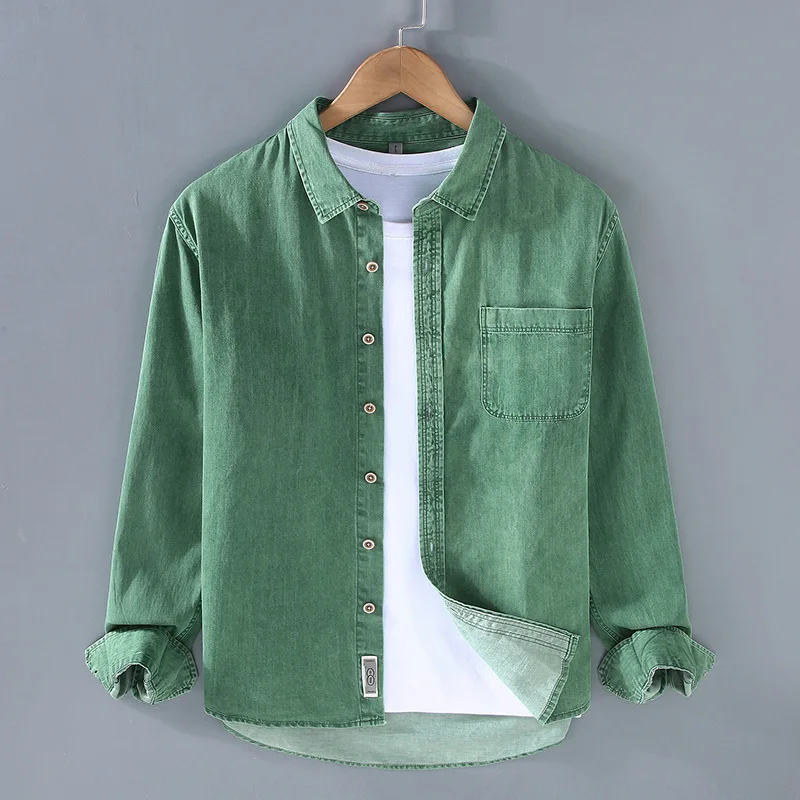 Japanese Vintage Denim Shirt Men Spring Autumn High Street Washed Heavy Green Jean Shirt Casual Pure Cotton Shirts High Quality