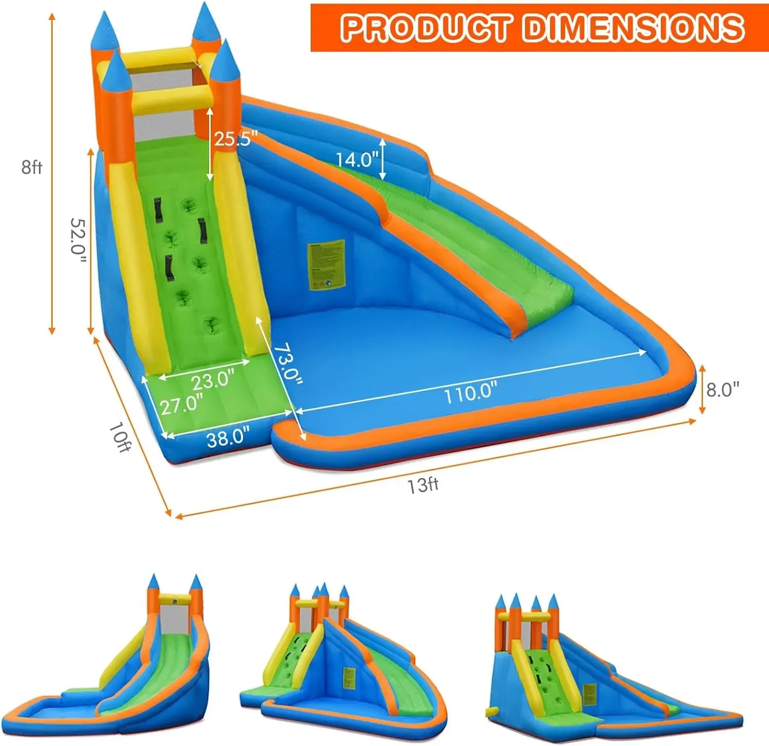 Water Slide, Giant Bouncy Waterslide Park for Kids Backyard Outdoor Fun w/ 480w Blower, Climbing, Splash Pool