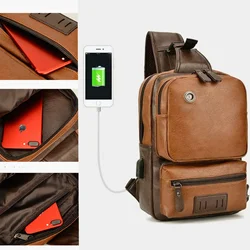 Bolsos de hombro de cuero PU multifunción Retro para hombre, paquete de mensajero cruzado de viaje impermeable con USB, bolsos de pecho para hombre