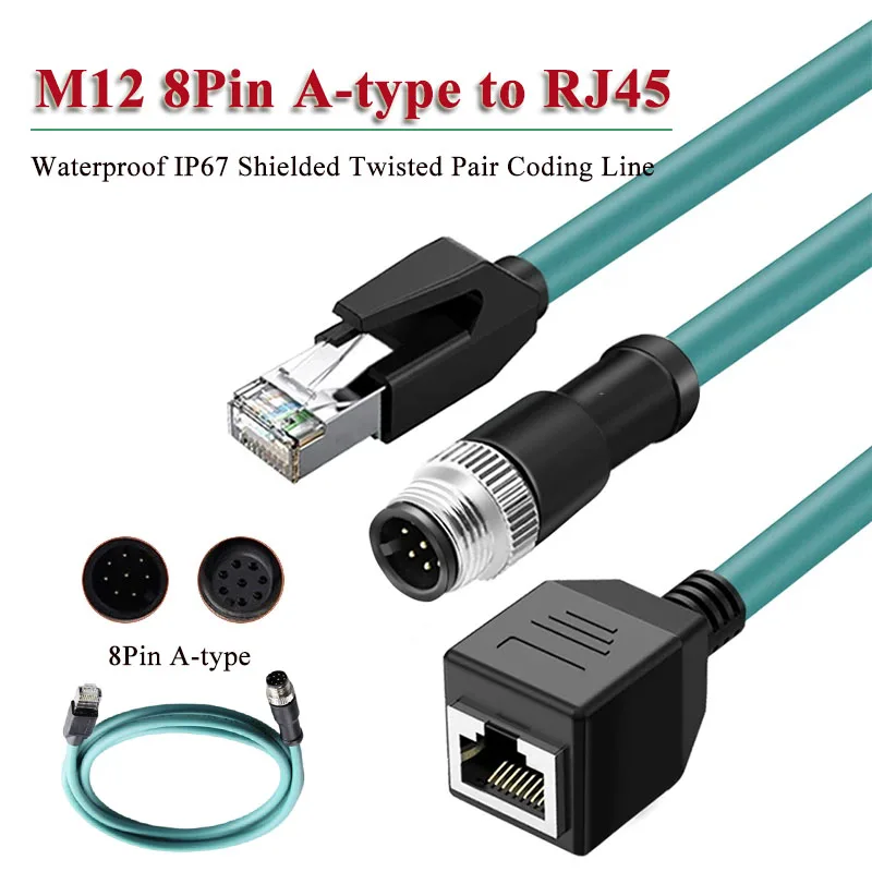 

M12 8-контактный соединительный кабель типа A-RJ45 8-ядерная линия кодирования A-кода Водонепроницаемая IP67 8-контактная штекер-мама Экранированная витая пара