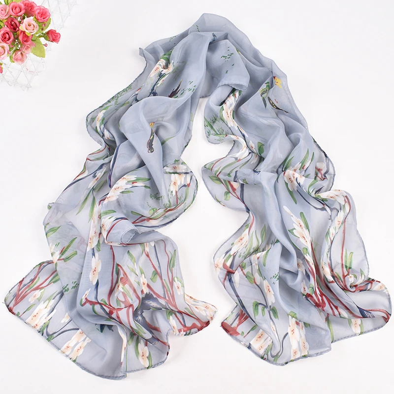 New Fresh Spring Peach Blossom Printed Chiffon Women\'s Long Scarves Wholesale Thin Sun Protection Women\'s Scarves