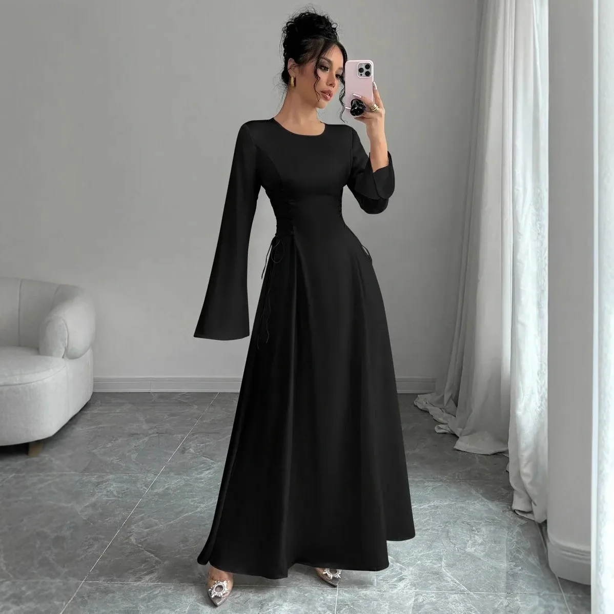 Women Dress Eid Vestidos Abaya Muslim Caftan Dresses Robe Lace Up Flare Sleeve Modest Jalabiya Ramadan Morocco Dubai Kaftan