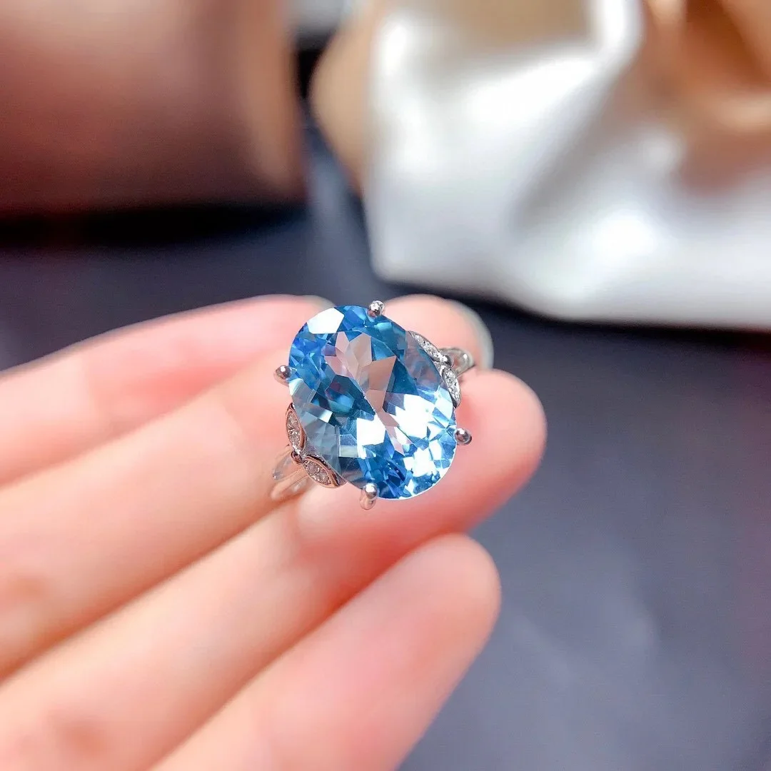토파즈 반지 실버 925 천연 스위스 블루 원석 클래식 스타일의 여성 약혼 기념일 선물을 위한 고급 주얼리