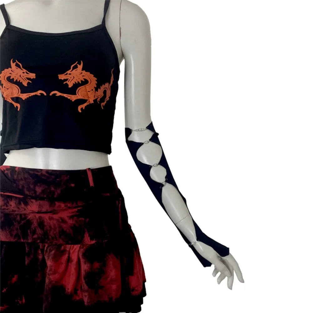 Fashion Cool Black Punk Arm Sleeves Thin Springy Pearl Half Finger Arm Cover Y2K Leg Socks Hollowed Calf Sleeve Girls