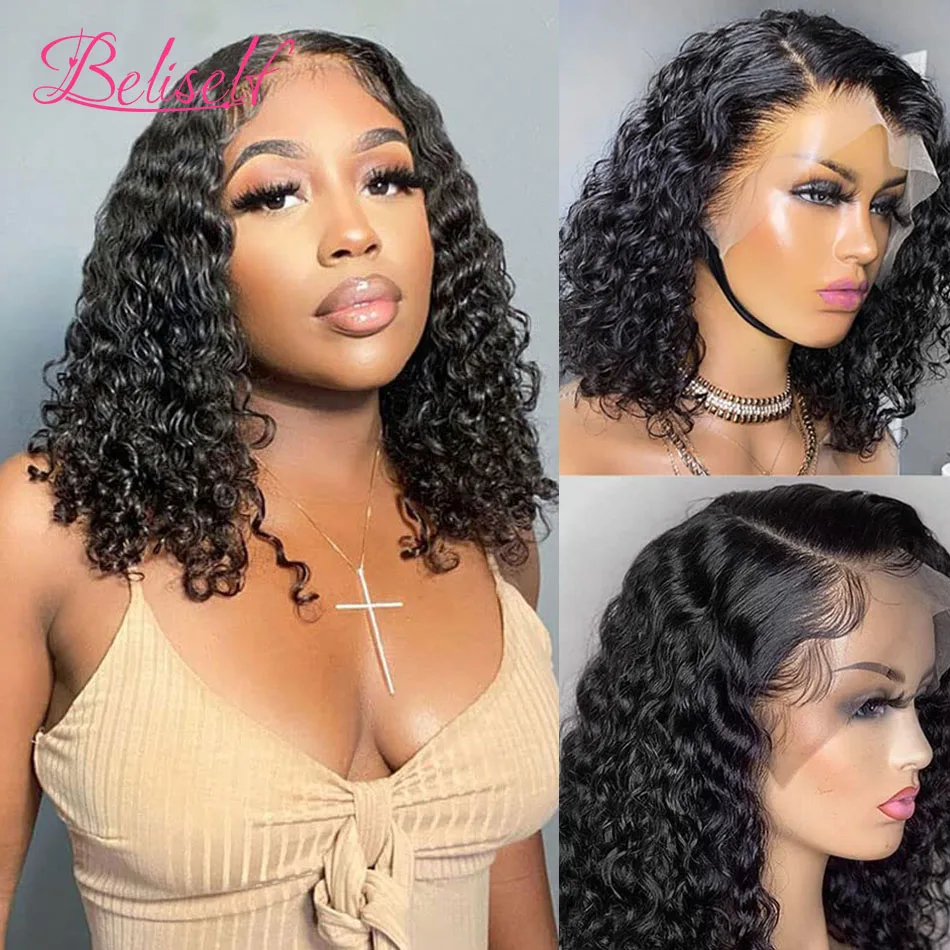 Perruque Bob Lace Wig sans colle naturelle, cheveux humains, Deep Wave, 4x4, 13x4, pour femmes