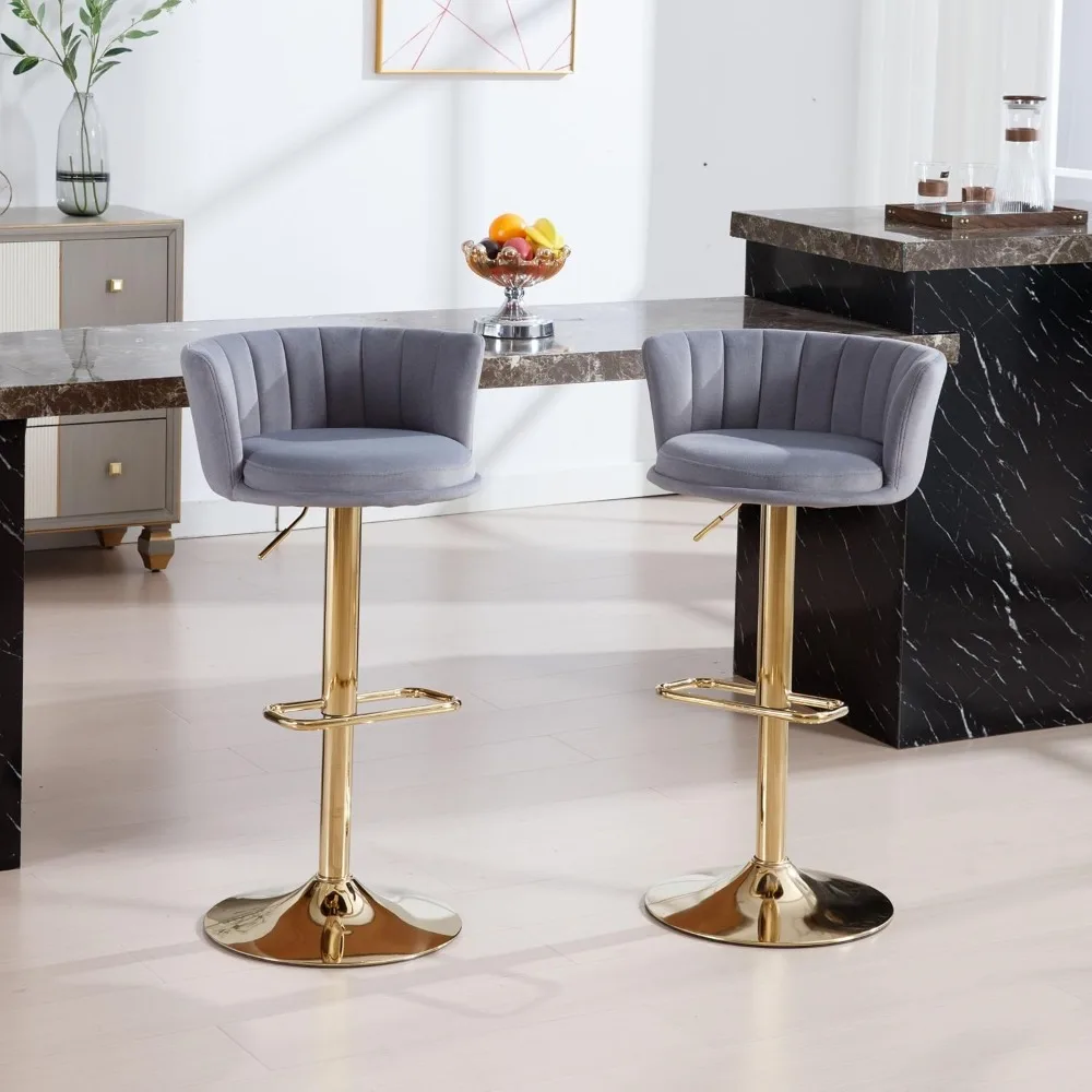 Conjunto de 4 bancos de bar ajustáveis, modernos 360 ° Bancos giratórios com base dourada, cadeiras de bar estofadas com apoio para os pés