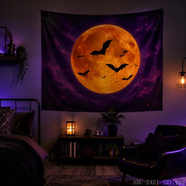 VIKAMA Full Moon Bats Tapestry Purple Starry Sky Spider Web Wall Hanging Gothic Halloween Witchy Bedroom Wall Art Decor