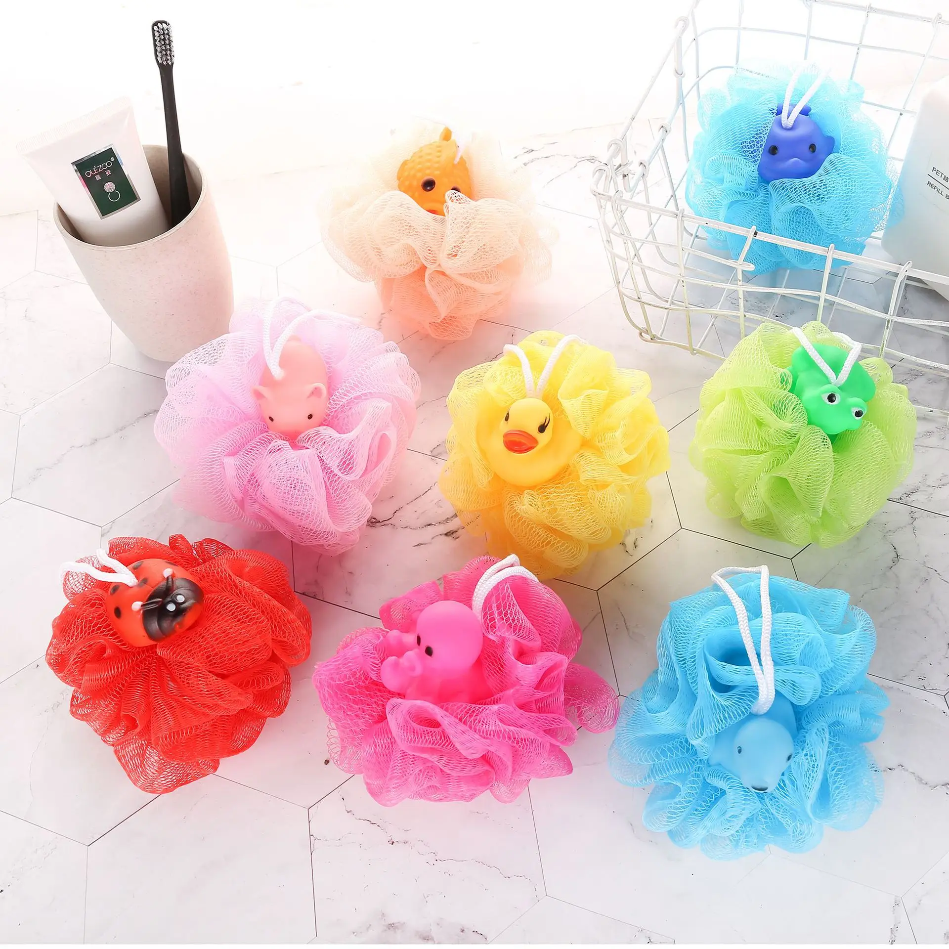 Kids Shower Balls Baby Cute Cartoon Soft Hanging Shower Balls Massage Rubbing Foaming Exfoliating Cleansing Bathroom Products