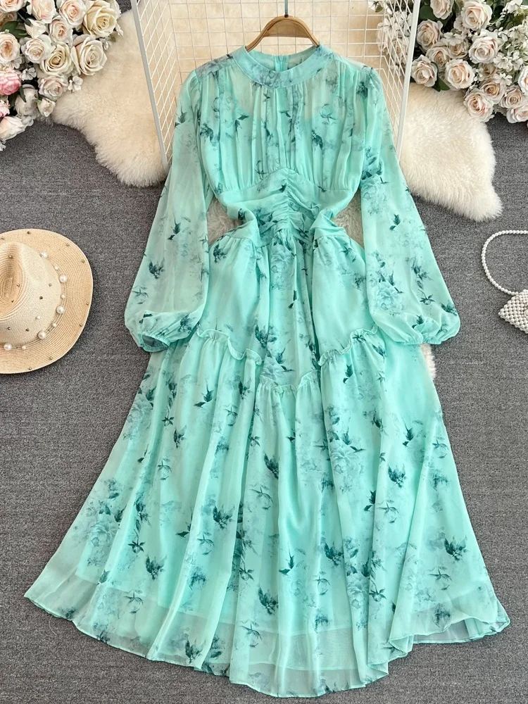 エレガントな長袖ランタンプリントAラインシフォンドレス、スリムなハイウエストガウン、若い女性のための夏のエレガントなロングドレス