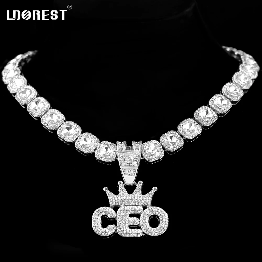 

Men Hip Hop Shiny Crown with CEO Pendant Necklace 13mm Miami Square Crystal Cuban Chain Necklaces Punk Rock Jewelry Wholesale