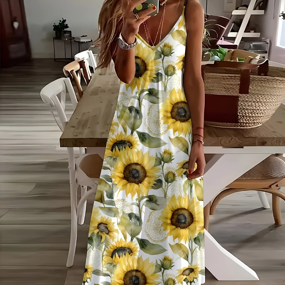 

2024 Women's Printed Long Skirt Sunflower Pattern New Summer Sleeveless V-neck Strap Daily Casual Women's Fashion Long Skirt