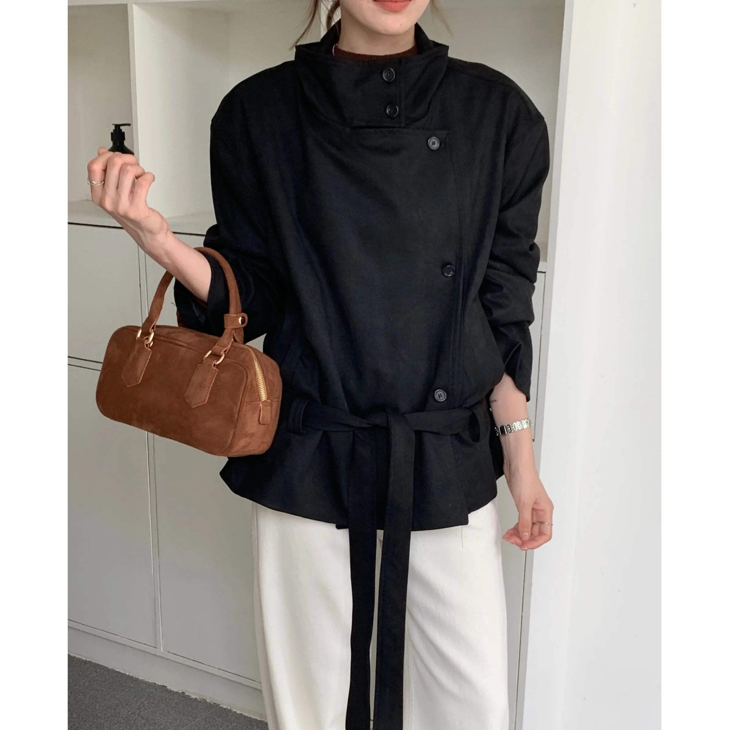 

Ladies Chic Simple Faionable Fall Winter New Sle Korean Version Suede Jaet Waist Cinched Belted Stand Collar Top