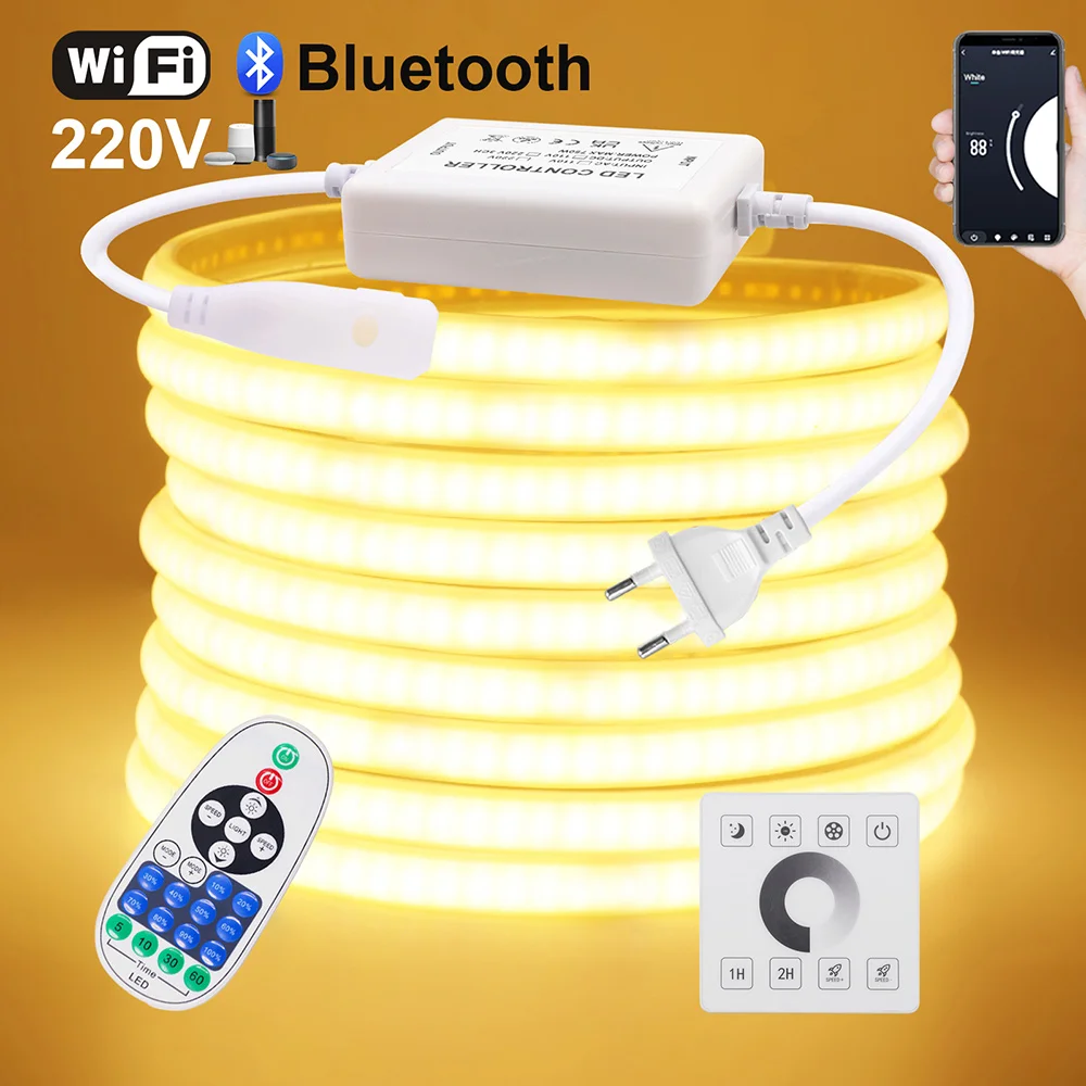 

Wi-Fi Bluetooth COB Светодиодная неоновая лента Настенный сенсорный 23 клавиши Пульт дистанционного управления 220 В Диммер Комплект питания 5 м 10 м 20 м 0,5 м 240 светодиодов/м Гибкая лампа
