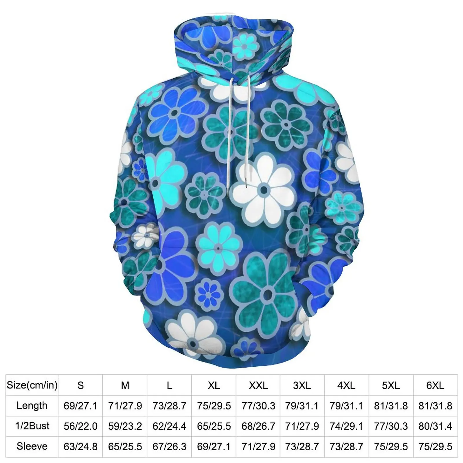 Hippie Flower Power Loose Hoodies Blue Floral Classic Pullover Hoodie Unisex Long Sleeve Hip Hop Graphic Sweatshirts Big Size