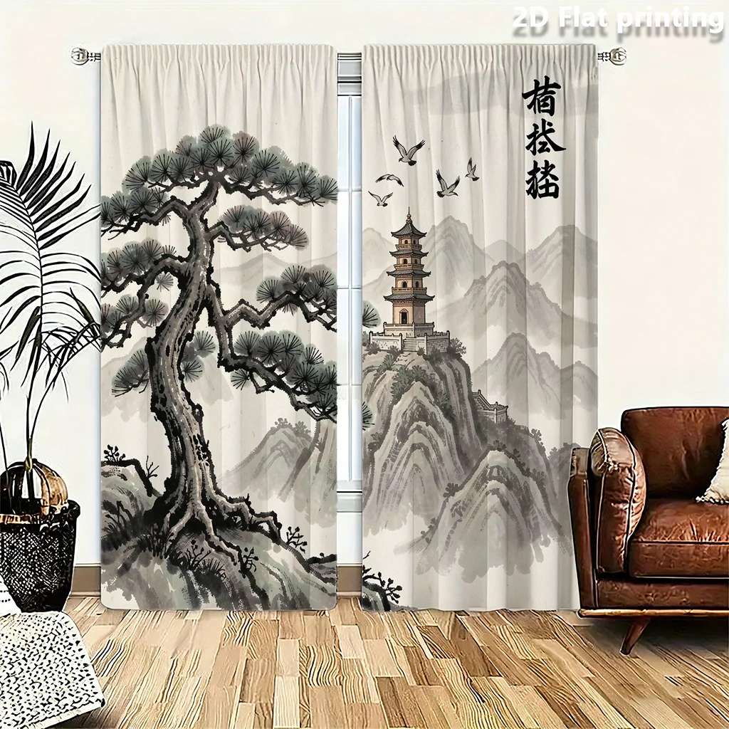 Chinese Ink Painting Curtain, Traditional Landscape Print Drape, Zen Pagoda Pine Tree Window Treatment for Living Room Bedroom