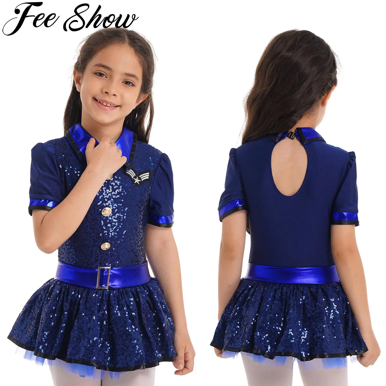 Kids Girls Shiny Sequins Police Officer Cosplay Dress Policewoman Halloween Party Carnival Cop Pretend Play Fancy Dress Up