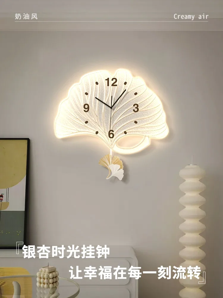 Living room ginkgo biloba swing wall clock home creative personality fashion clock wall cream wind restaurant led clock