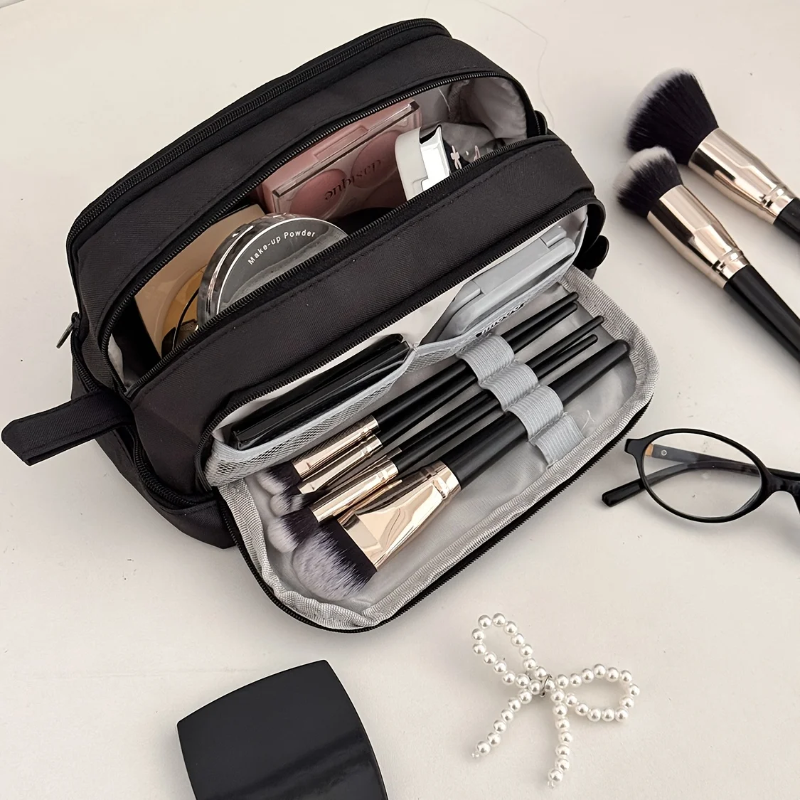 Portable 3-Layer Travel Makeup Bag, Large Capacity Cosmetic Organizer with Compartments, Cute Storage Pouch for Women