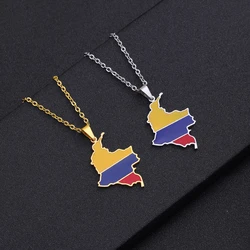 2024 New Silver/Gold Color Stainless Steel Enamel Colombia Map Pendant Necklace Trendy Colombian Flag Map Chain Jewelry
