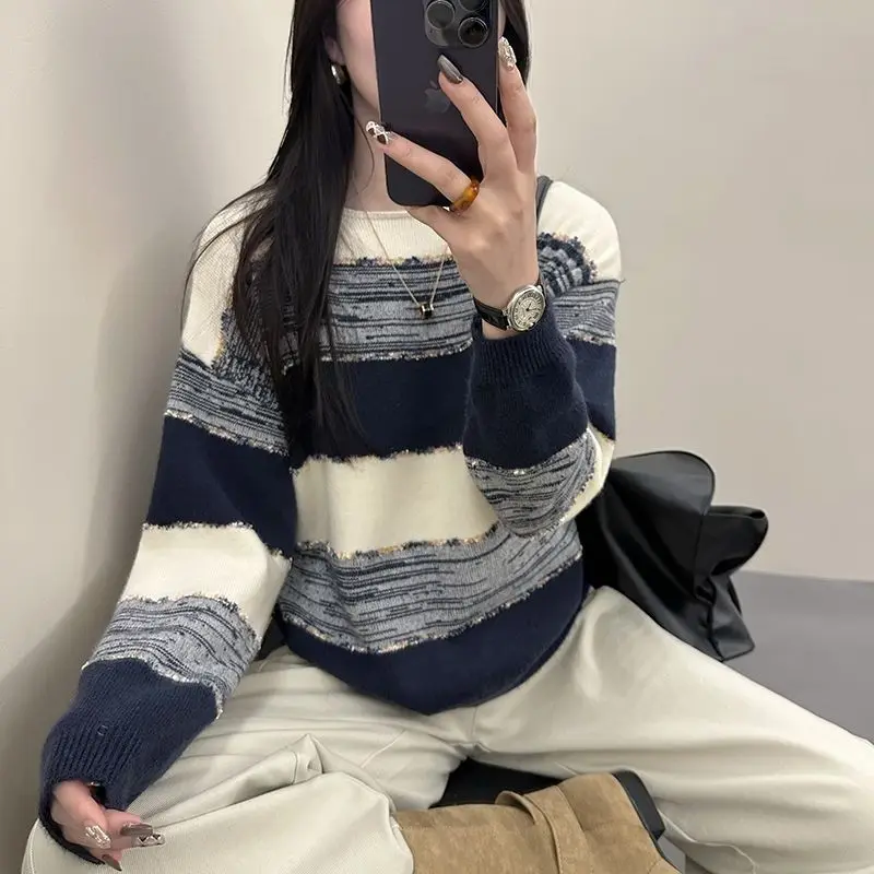 

2025 New Korean Style Lazy Color-Block Striped Knitted Sweater Women, Soft Loose Fit, Versatile Top For Autumn And Winter