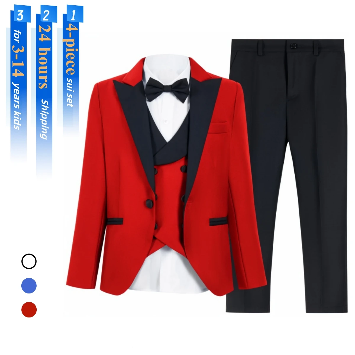 

Fast Ship Boy's Slim Fit Suit Set, 4-Piece Tuxedo Pants, Jacket with Black Peak Lapel, Vest Pants Bow-tie Kids Wedding Suits