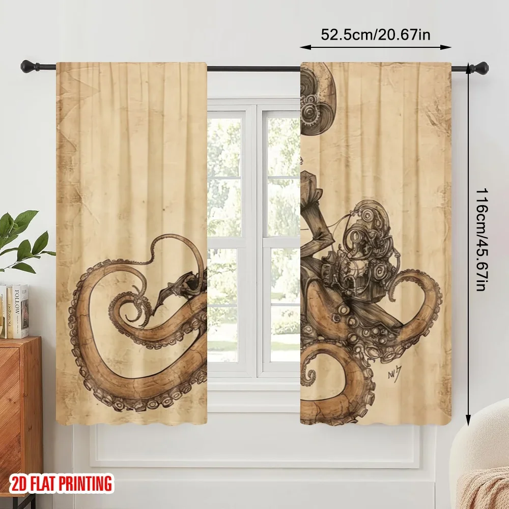 2pcs,2D plane printing Print Curtains Steampunk Octolady Durable Polyester (without rod) Versatile All for Living Room, Bedroom,