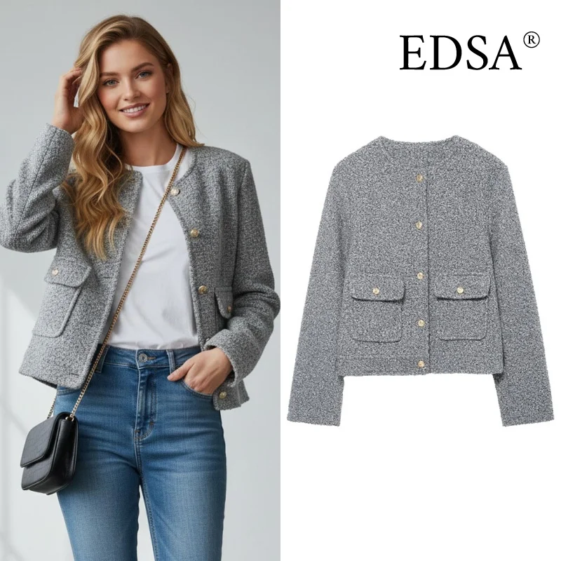 

EDSA Women Grey Wool Jacket with Golden Buttons Single Breasted Flap Pockets Long Sleeves Spring Autumn Top Coat Outerwear