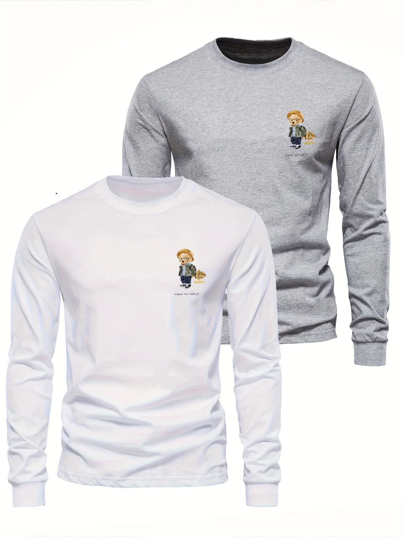 100% Pure Cotton Men's Long Sleeved Round Neck Loose Travel Bear Pattern Printed Spring and Autumn Casual Versatile T-Shirt Top