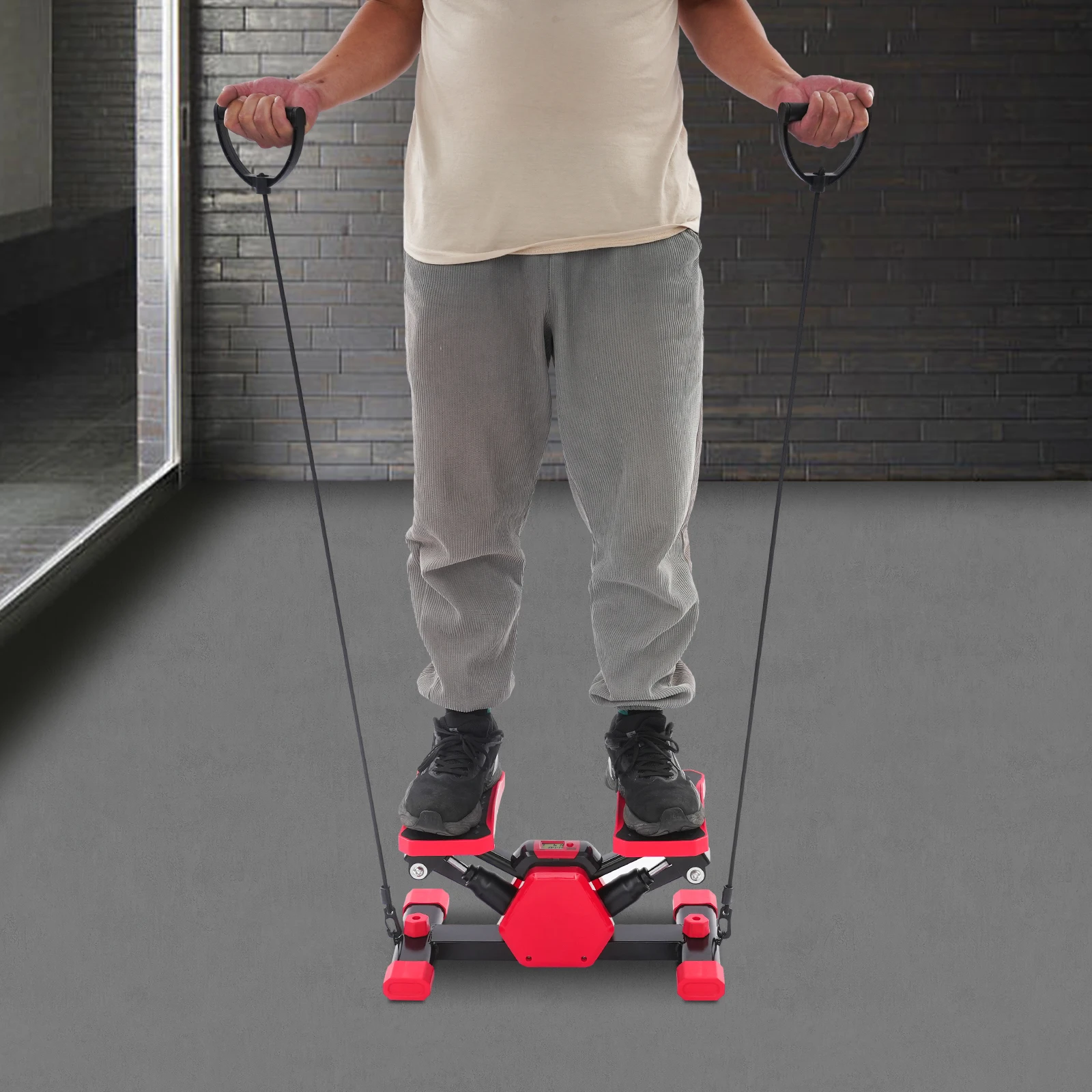 

Степпер с эспандерами, степ-тренажер для фитнеса, комплексная тренировка всего тела (ноги, кор, руки), педальный тренажер, V-образный, красный