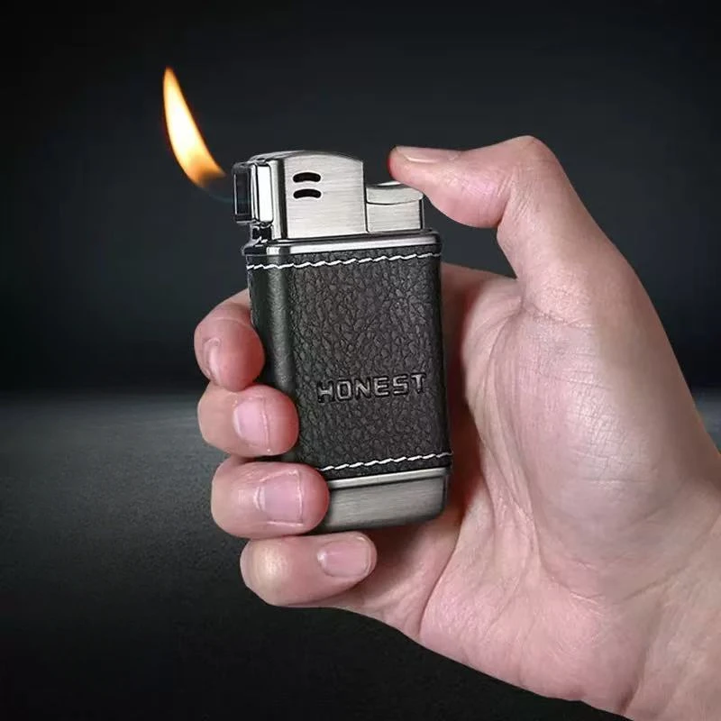 HONEST High-end Leather-Wrapped Pipe Lighter with Angled Flame Design Open Flame Pipe Dedicated Cigarette Lighter Men's Gift