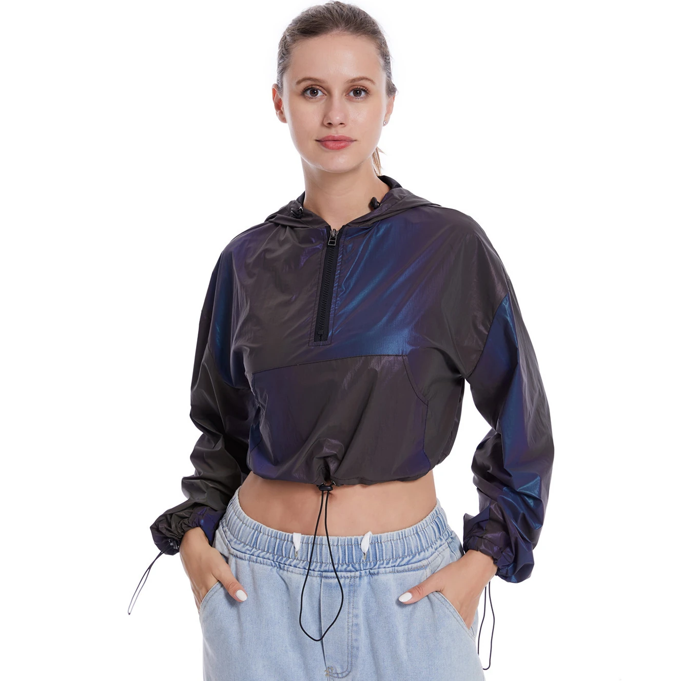 Colorful Reflective Short Jackets Women Jogging Riding Night Light Road Safety Crop Top Pullover Harajuku Hoodies Sweatshirt