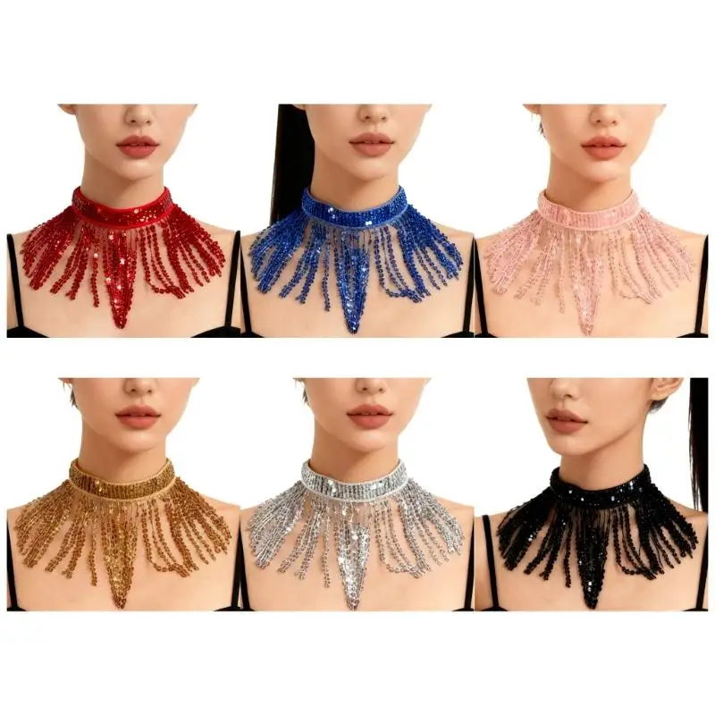 Collier ras du cou à franges paillettes 39BB, bijoux danse du ventre, ras du cou pour danseuse du ventre